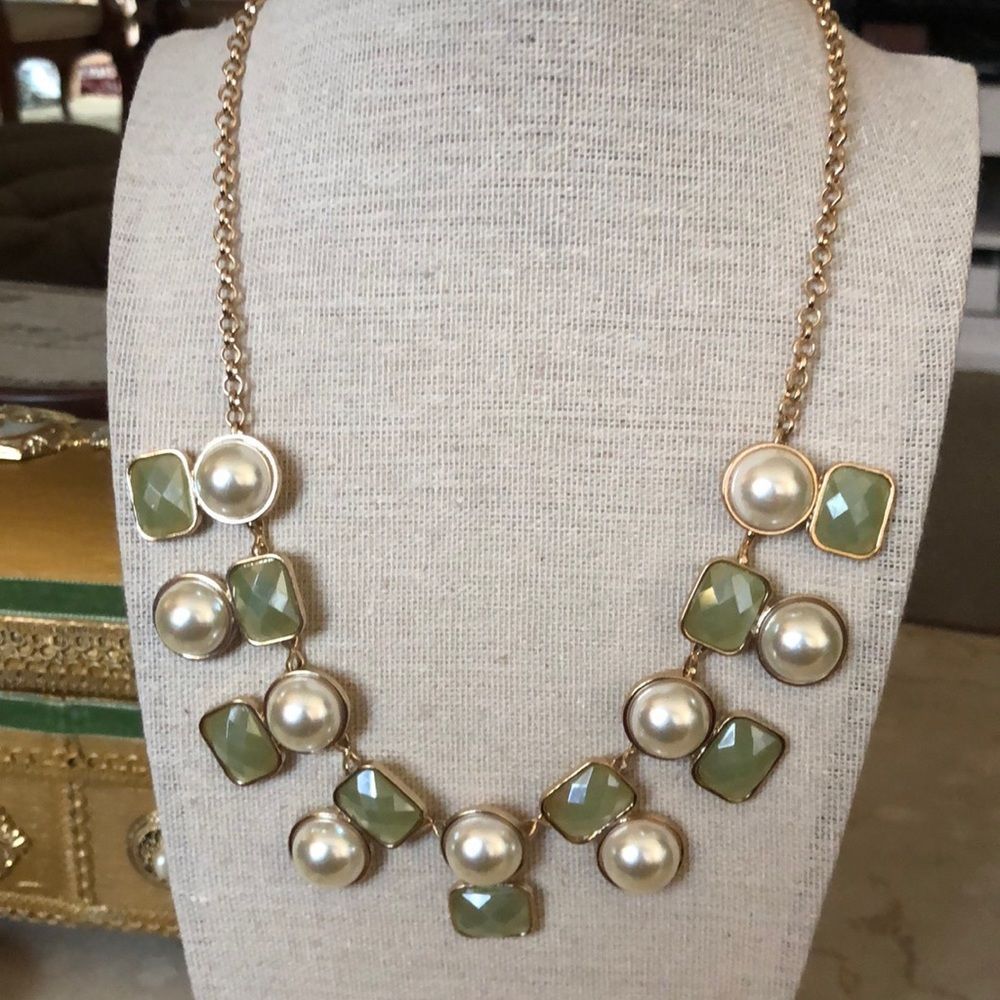 Goldtone Faux Pearl and Iridescent Green Resin Statement Necklace